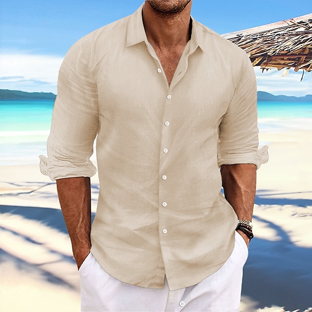 Camisa de lino Summer camisa Beach Wear casual camisa Button Up camisa Plain casual para uso diario Light Yellow White Pink Dark Navy de manga larga Spring & Summer Clothing Apparel para hombre