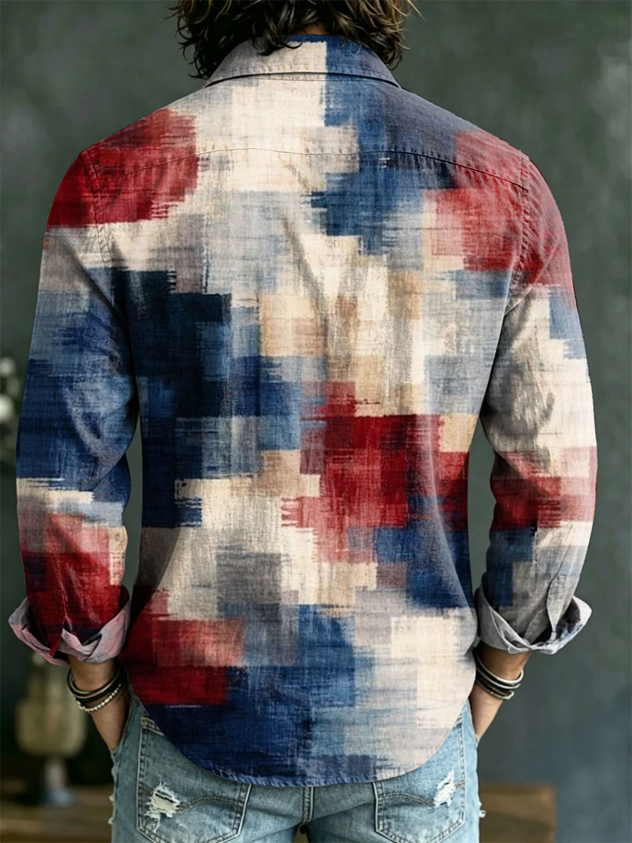 Camisa Independence Day Patterns casual Art estampado de manga larga Collared de algodón para hombre