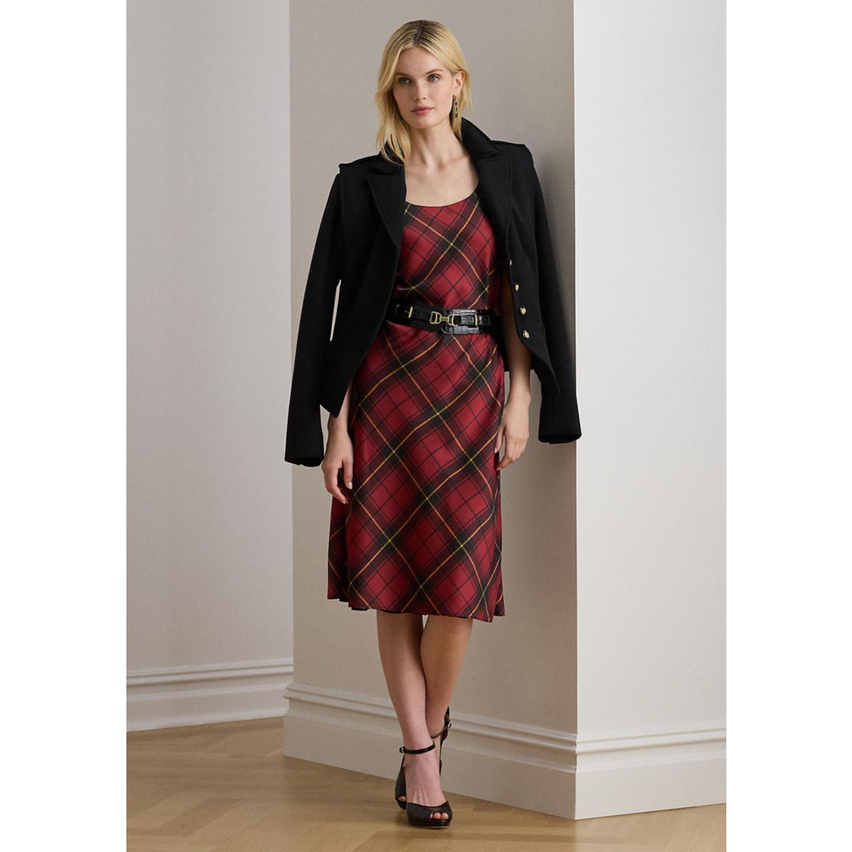 Women's Plaid Satin Sleeveless Cocktail Dress - 1
