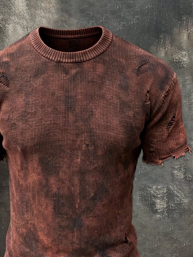 Camiseta retro Washed desgastado Ripped tejido de manga corta para hombre