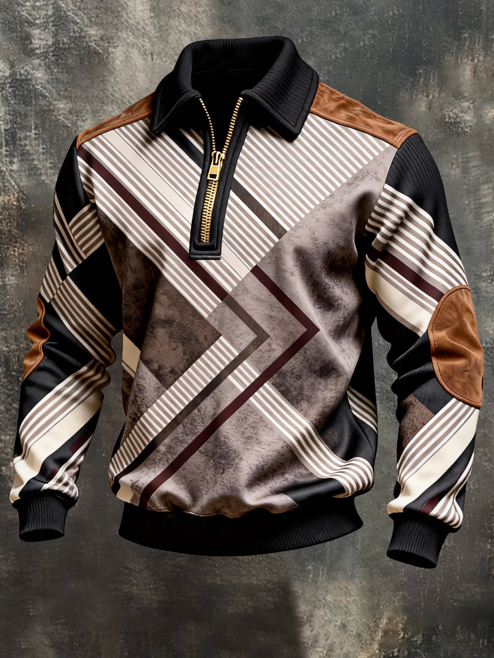 Sudadera vintage Color-Block estampado con cierre con gorrasucha para hombre