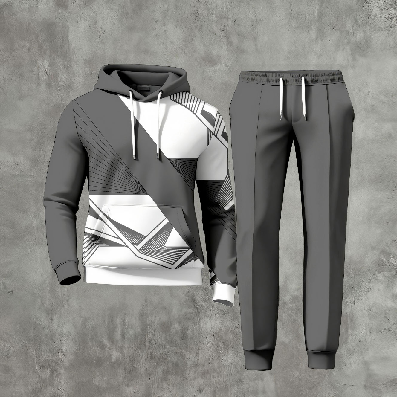 Conjunto de dos piezas casual Gray Geometric Patterns de manga larga sudadera con capuchas sudadera & Trousers para hombre