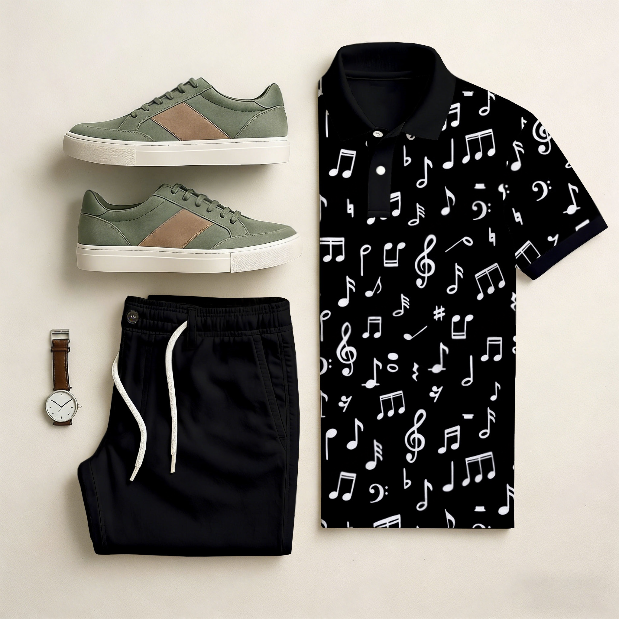 Conjunto de dos piezas casual Black & White Color Matching Art estampado de manga corta camisa polo & Trousers para hombre