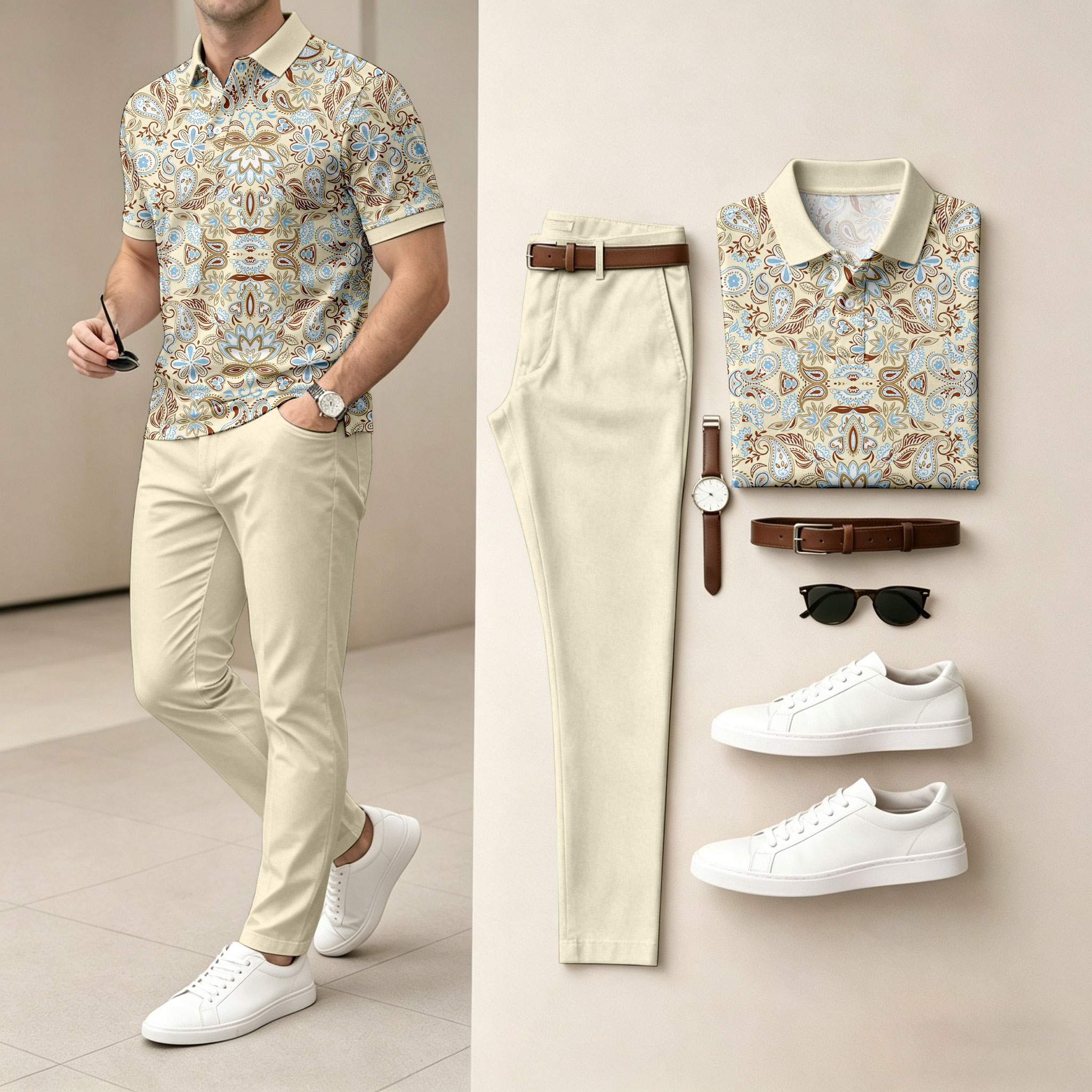 para hombre Abstract Print de manga corta camisa polo and pantalón Set