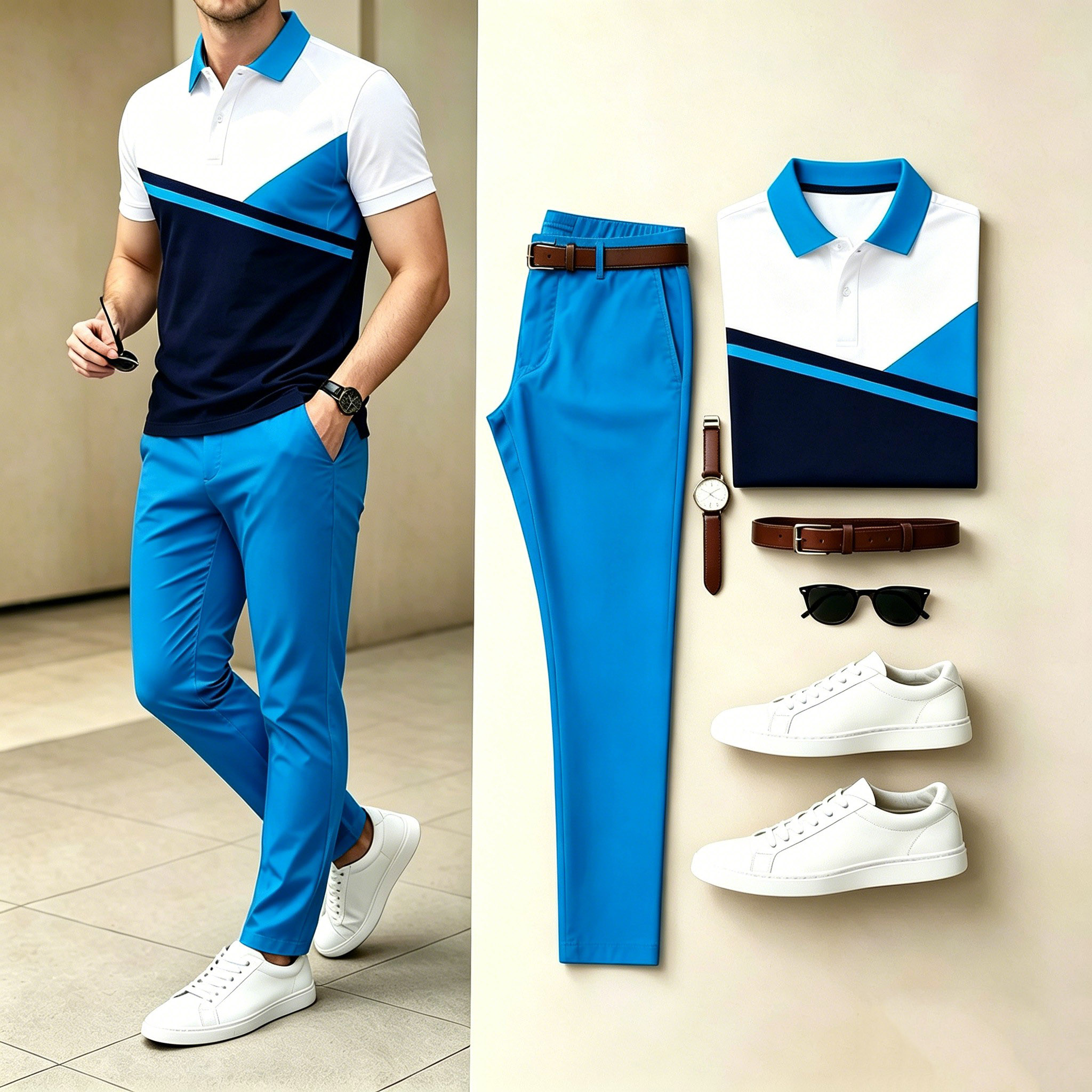 Conjunto de dos piezas casual Blue White Diagonal Splice camisa polo & Long pantalón para hombre