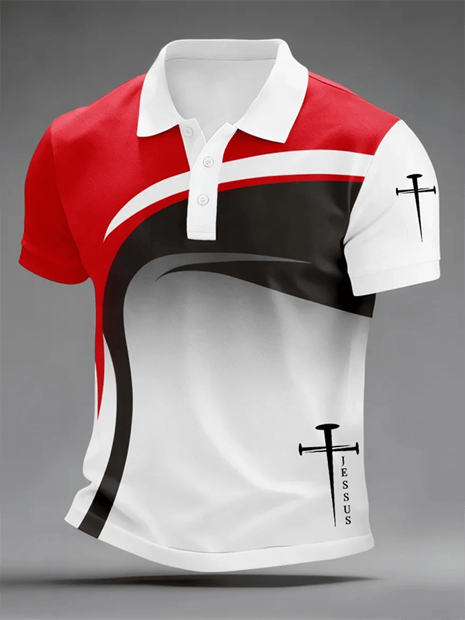 Camisa polo retro Faith Cross estampado casual para hombre