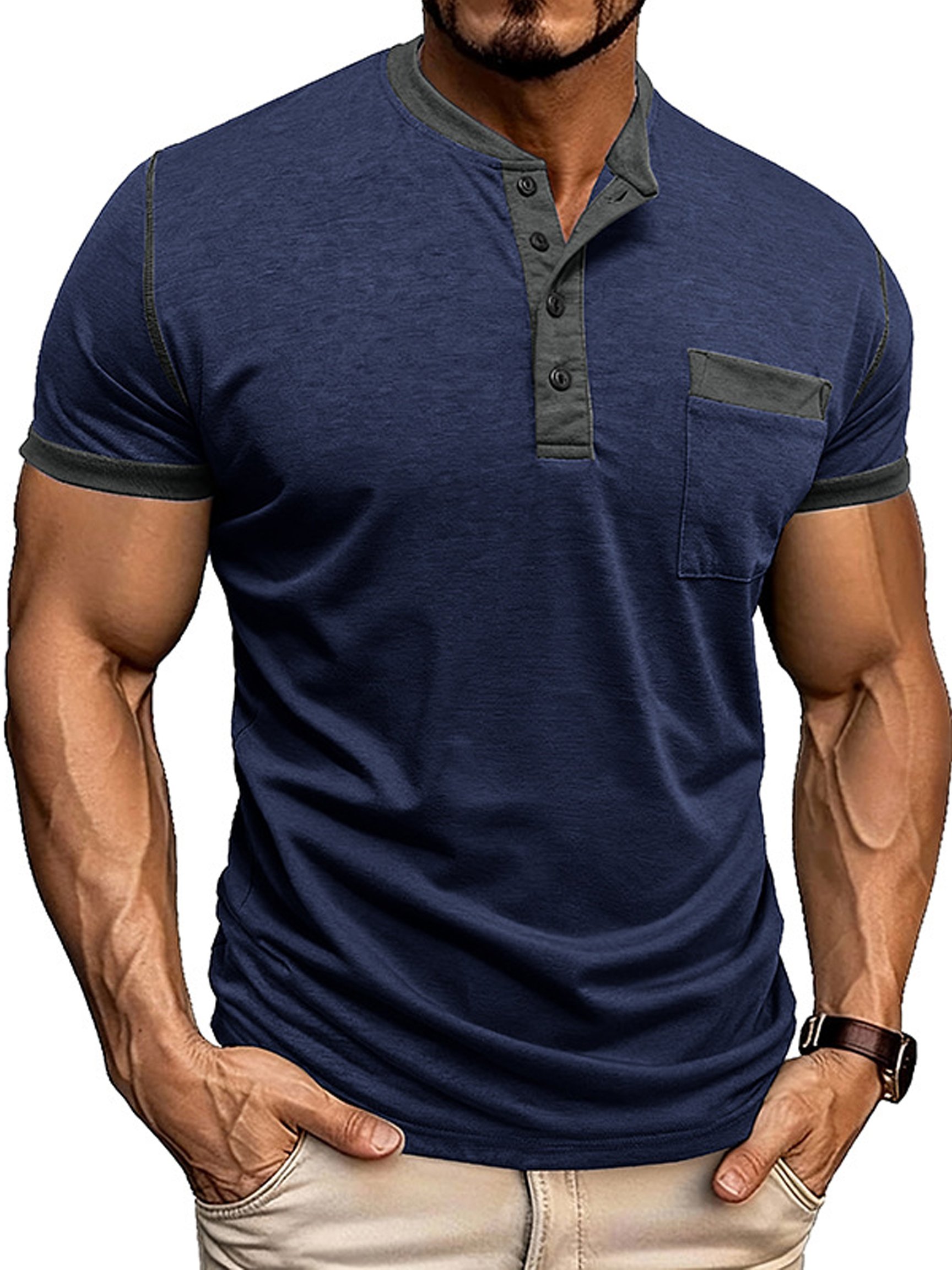 Camiseta vintage Comfortable Henley Neck de manga corta para hombre