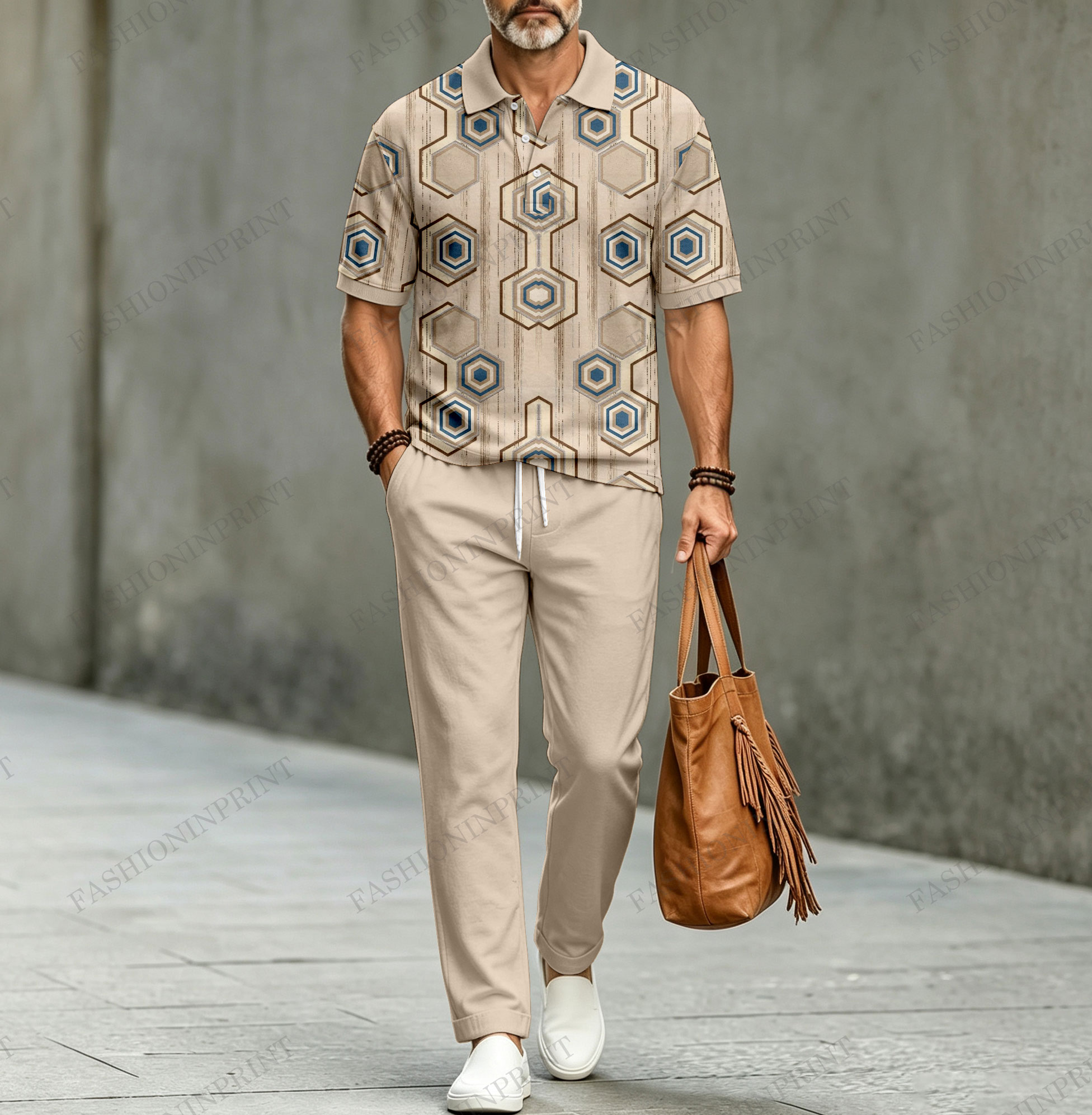 Conjunto de dos piezas casual Polka-Dot estampado de manga corta camisa polo and pantalón para hombre