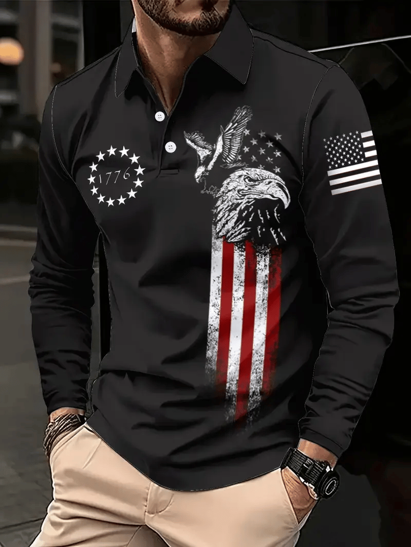 Camisa polo vintage American Flag estampado de manga larga para hombre