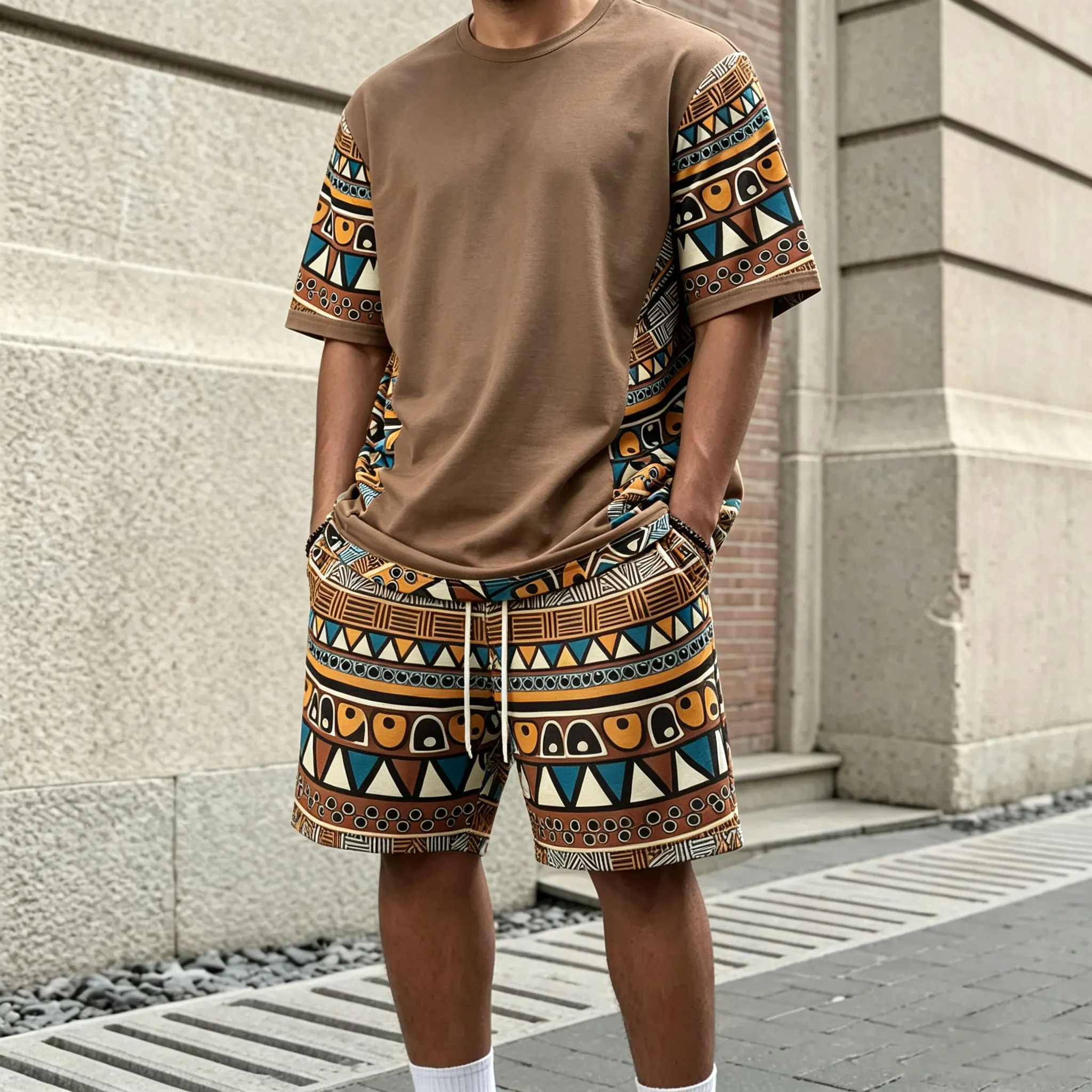 para hombre Dark Brown estampado Crew-Neck de manga corta camiseta and shorts Set