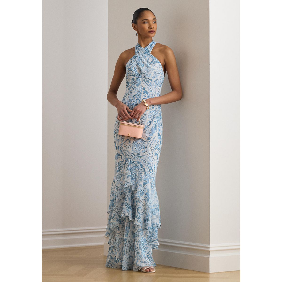 Women's Paisley Crinkle Georgette Halter Gown - 1