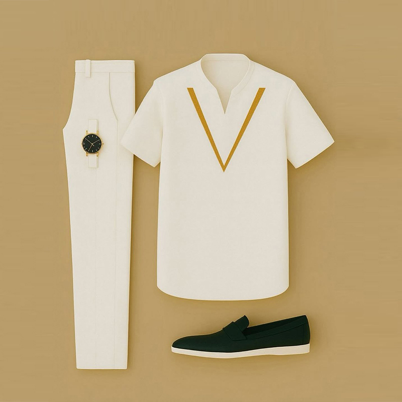 Conjunto de dos piezas casual Color Matching estampado de manga corta V-Neck camiseta & Trousers para hombre