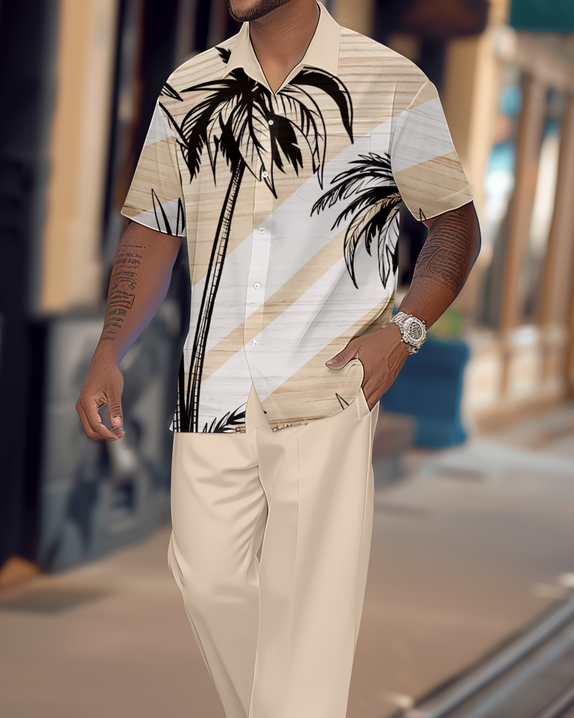 Camisa retro Colorblock de manga corta Walking Suit 1162 para hombre