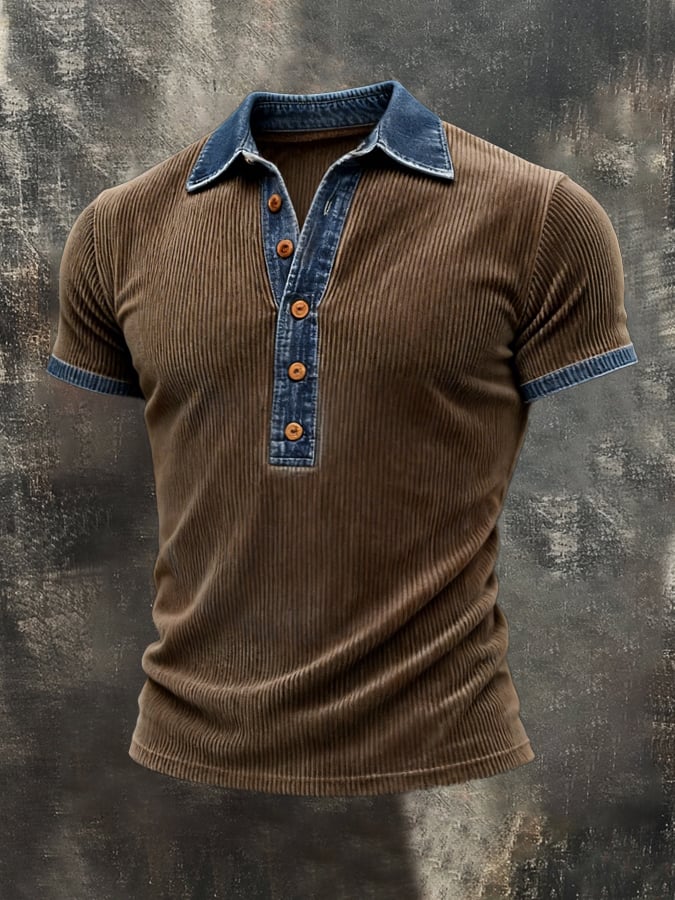 Retro desgastado Patchpara trabajo mezclilla en bloques de color de manga corta Top para hombre