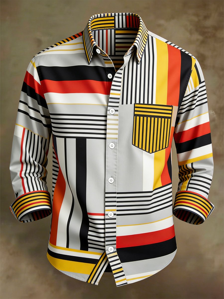 Camisa retro ejecutivo Bag House Geometric de manga larga para hombre