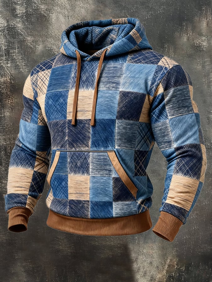 Sudadera retro desgastado en bloques de color estampado casual de manga larga para hombre