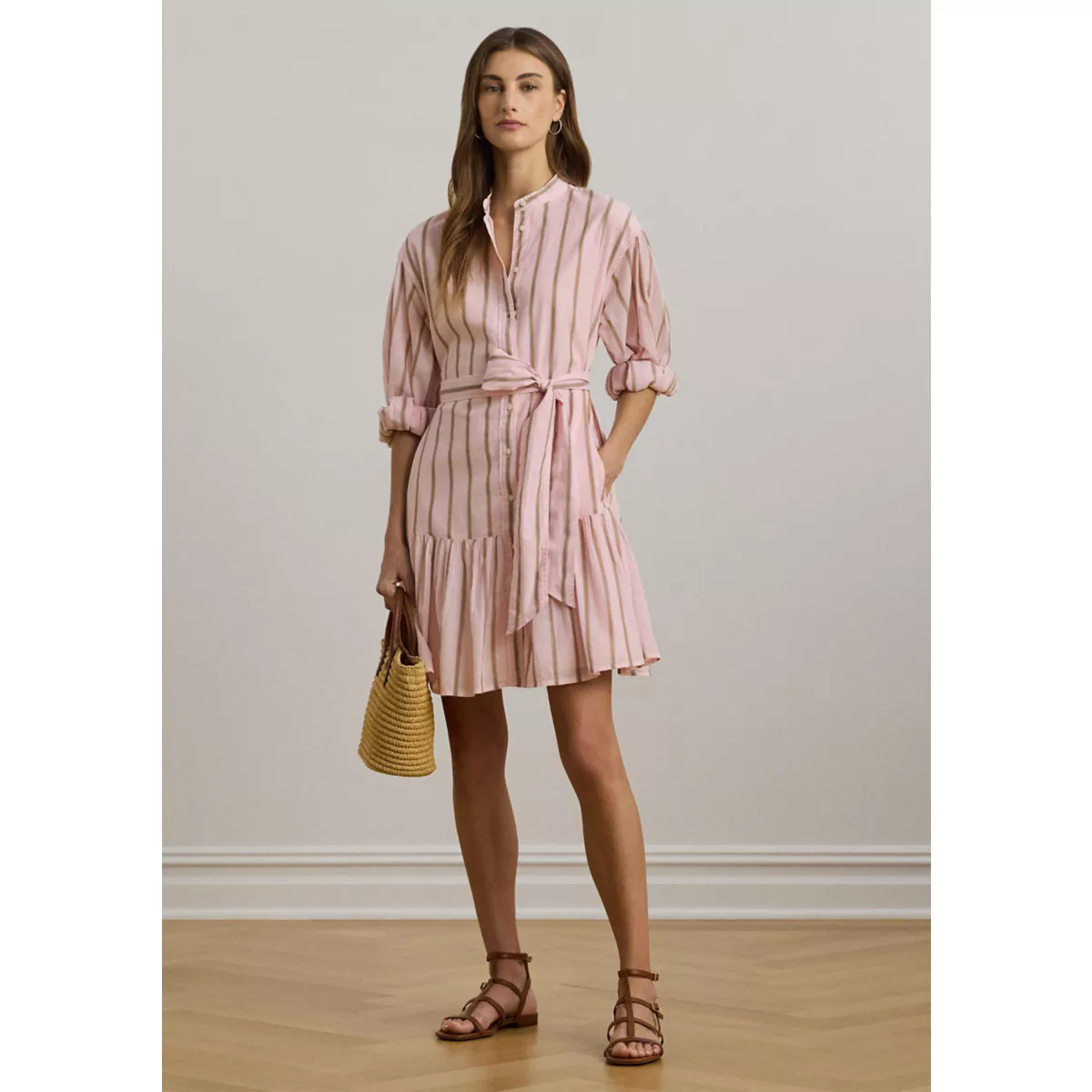 Women's Striped Voile Blouson-Sleeve Shirtdress - 1