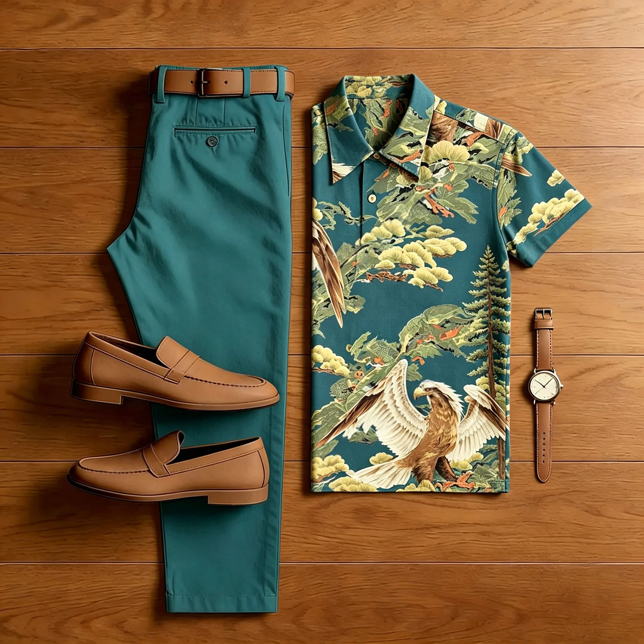 Conjunto de dos piezas casual Dark Green estampado camisa polo And pantalón para hombre