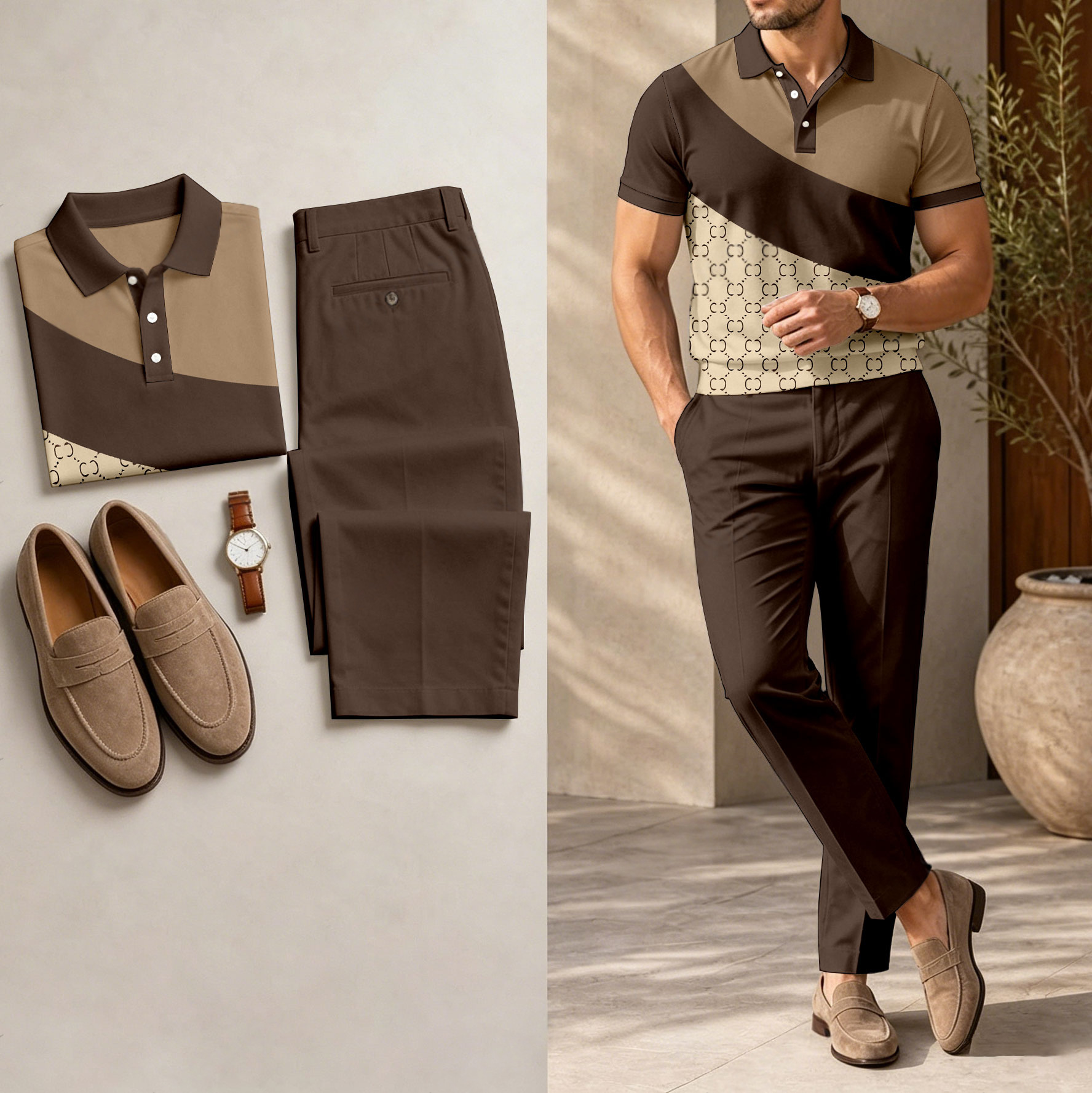 Conjunto de dos piezas casual Dark Brown a cuadros estampado camisa polo And pantalón para hombre