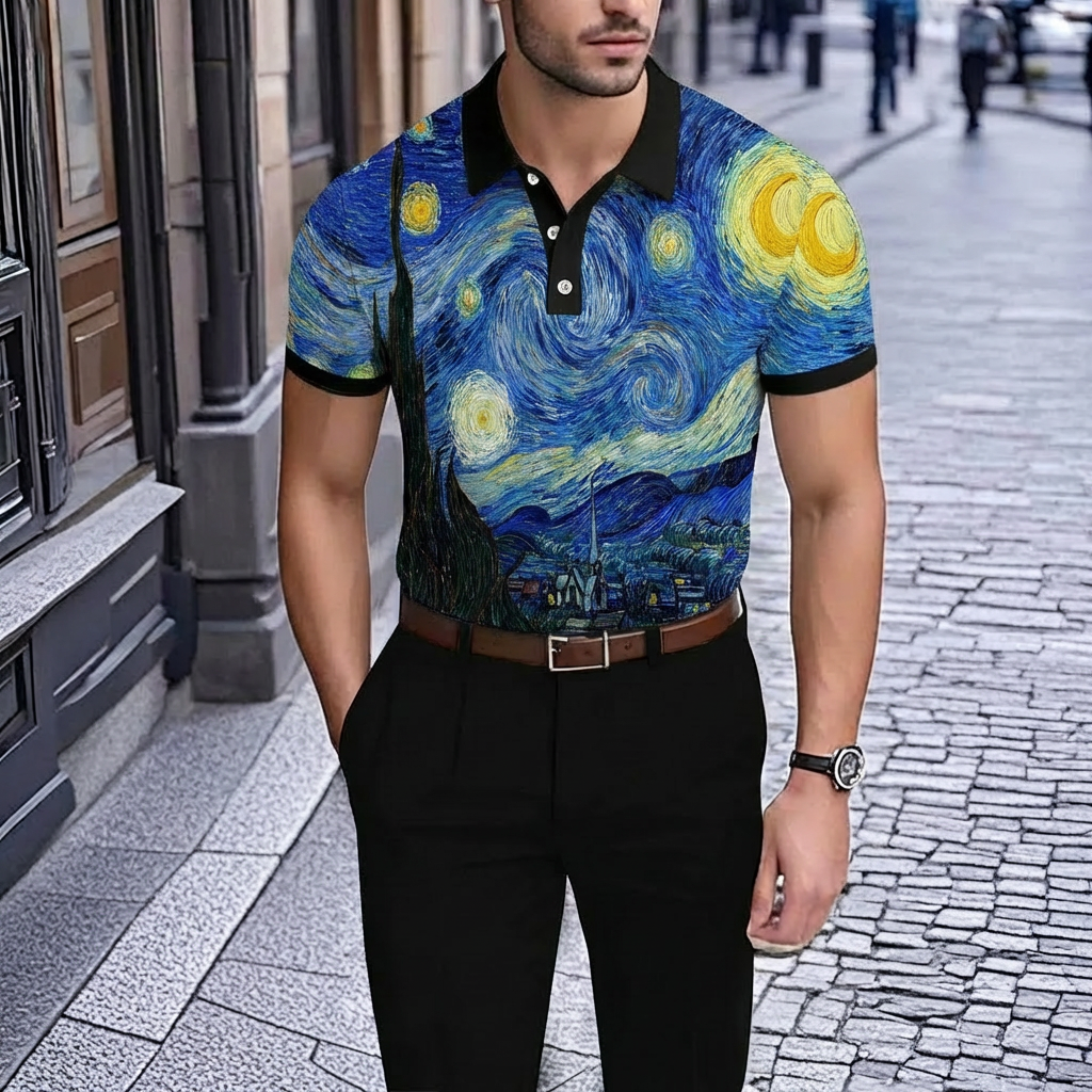 Camisa polo retro Blue Oil Painting estampado de manga corta para hombre