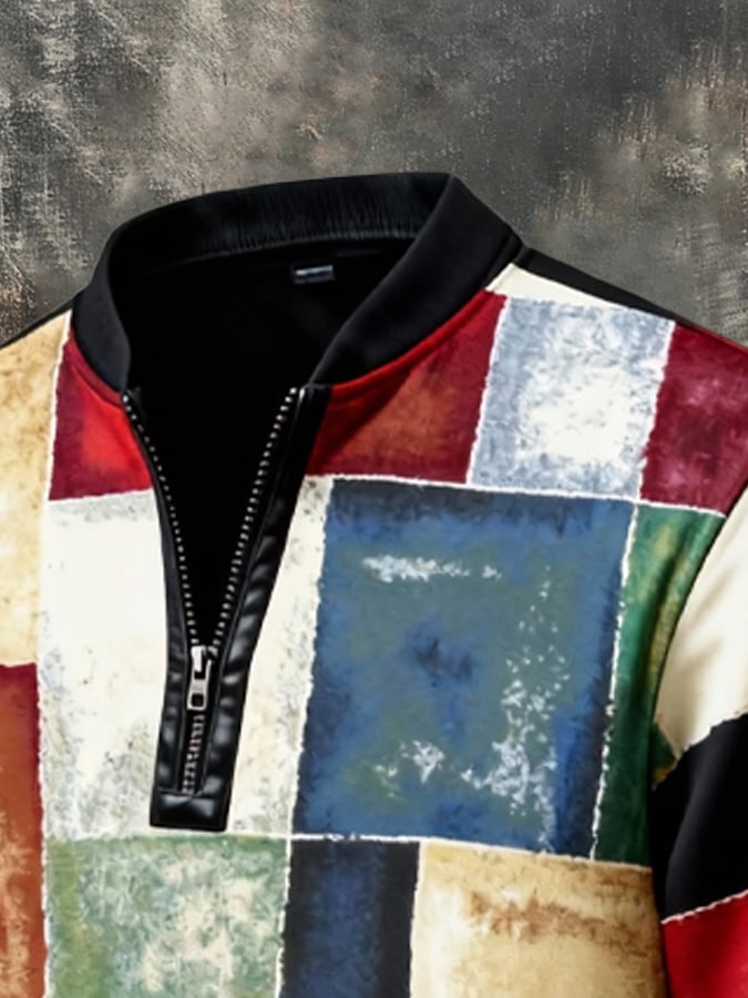 Sudadera vintage Color-Block estampado con cierre con gorrasucha para hombre