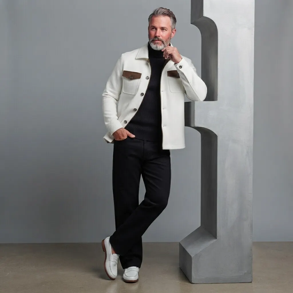 para hombre White Contrast Flap Pockets Turndown Collar Single Breasted Slim chaqueta