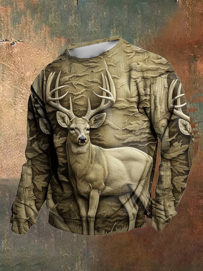 Sudadera retro Western 3D Deer diseño estampado cuello redondo para hombre