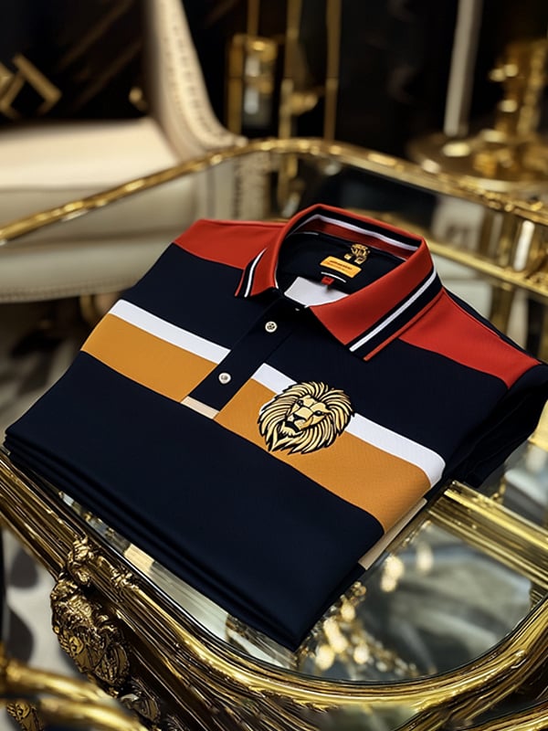 Camisa polo vintage ejecutivo Lion Logo rayas estampado de manga larga para hombre