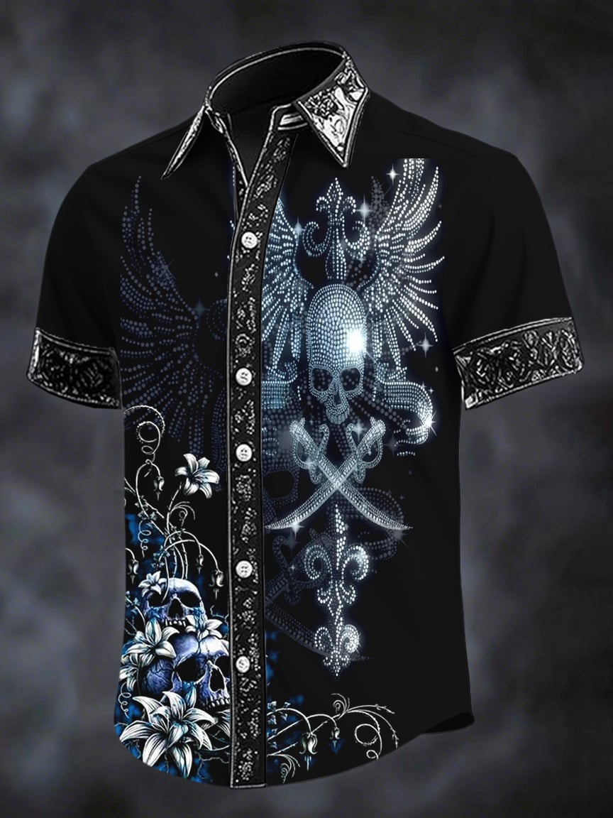 Camisa retro Western Skull Vine estampado de manga corta para hombre