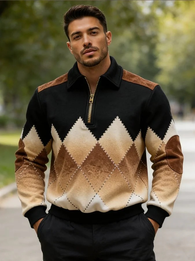 para hombre retro en bloques de color Print Zipper Sweacamiseta
