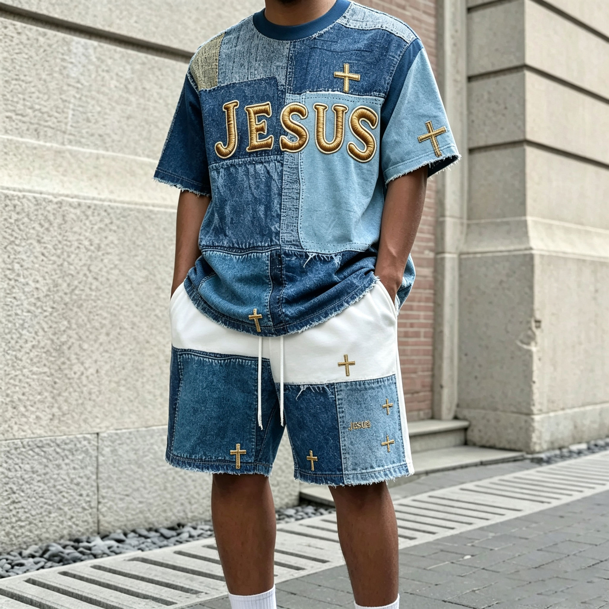 Camiseta casual Denim Set with Gold-Letter estampado Round-Neck de manga corta and shorts para hombre