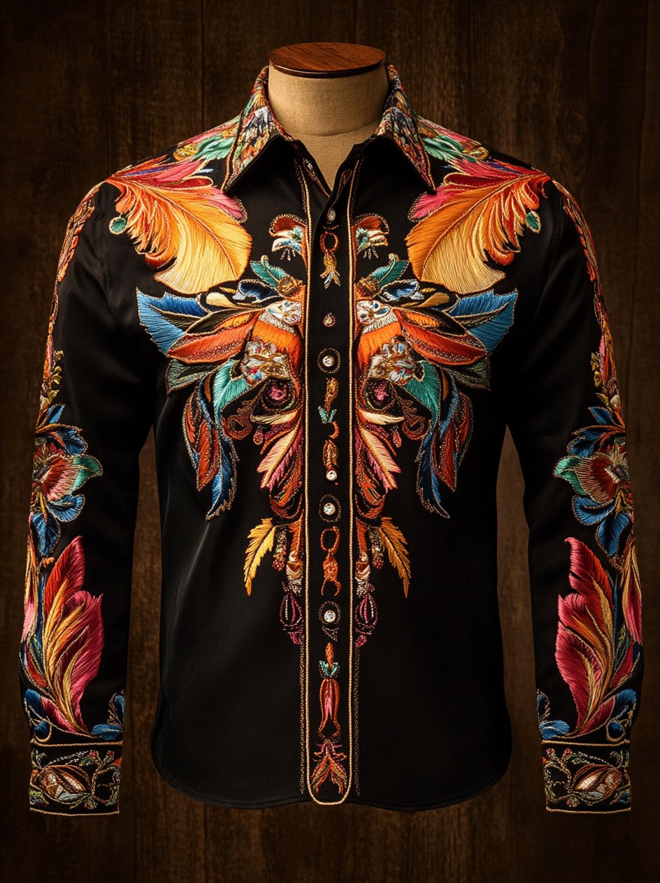 Camisa Western vintage Indian Totem estampado de manga larga para hombre