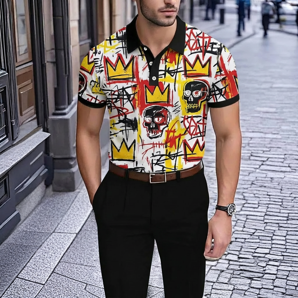 Camisa polo retro White Crown estampado de manga corta para hombre