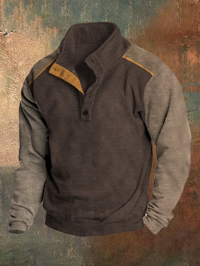Sudadera polar retro Color Patchpara trabajo Stand cuello para hombre