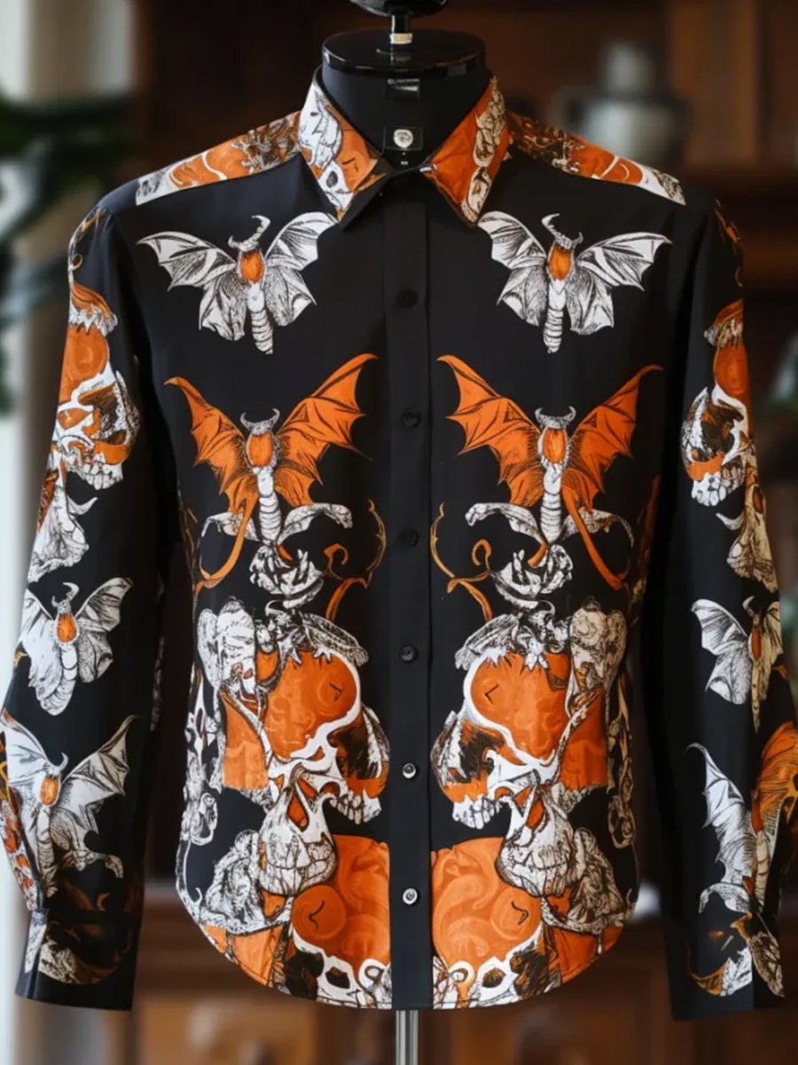 Camisa Gothic Dark Halloween Skull estampado de manga larga para hombre