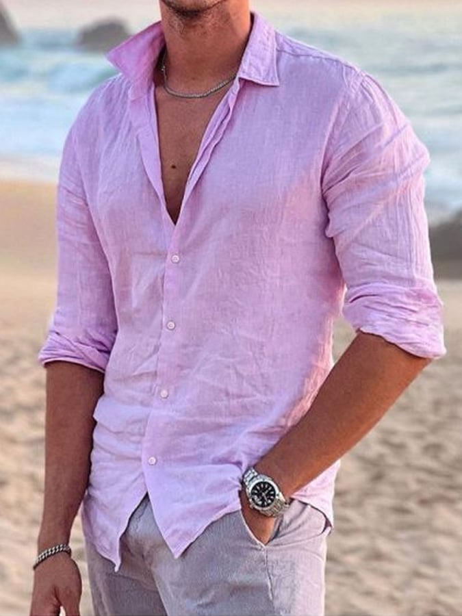 Camisa casual de color sólido de algodón de lino para hombre