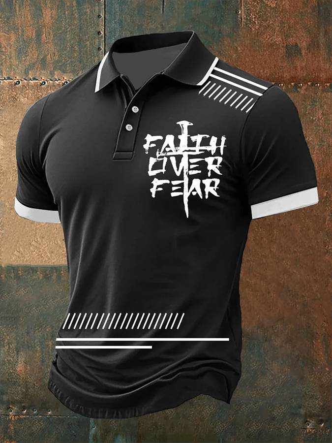 Camisa polo retro Faith “Faith Over Fear�? casual estampado para hombre