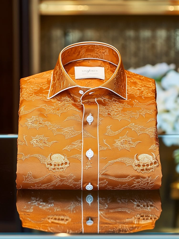 Camisa ejecutivo casual Orange Creative estampado solapa de manga larga para hombre