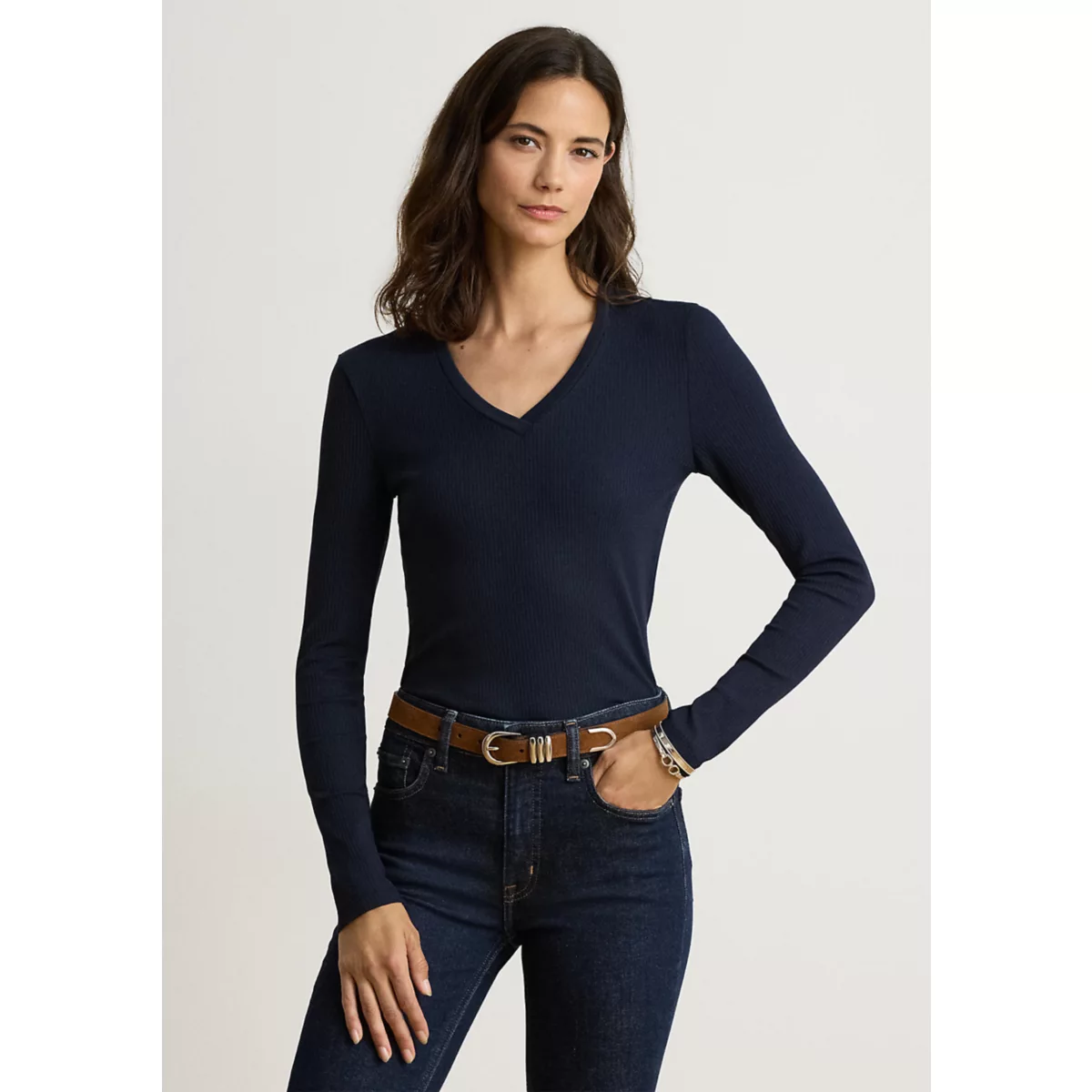 Women's Rib-Knit Long-Sleeve V-Neck Top - 5