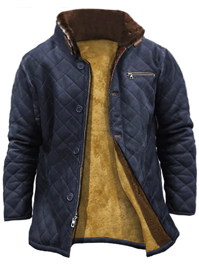 Abrigo de modaable Open bolsillo Button Design Quilting Imitation cuero Plush Warm para hombre
