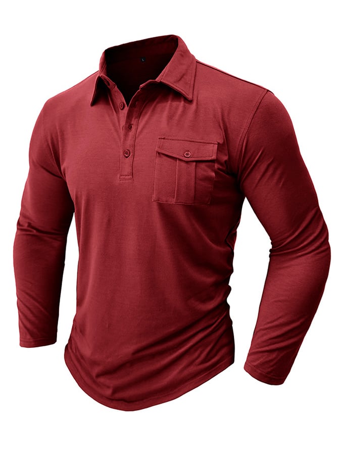 Camisa polo de color sólido de manga larga bolsillo para hombre