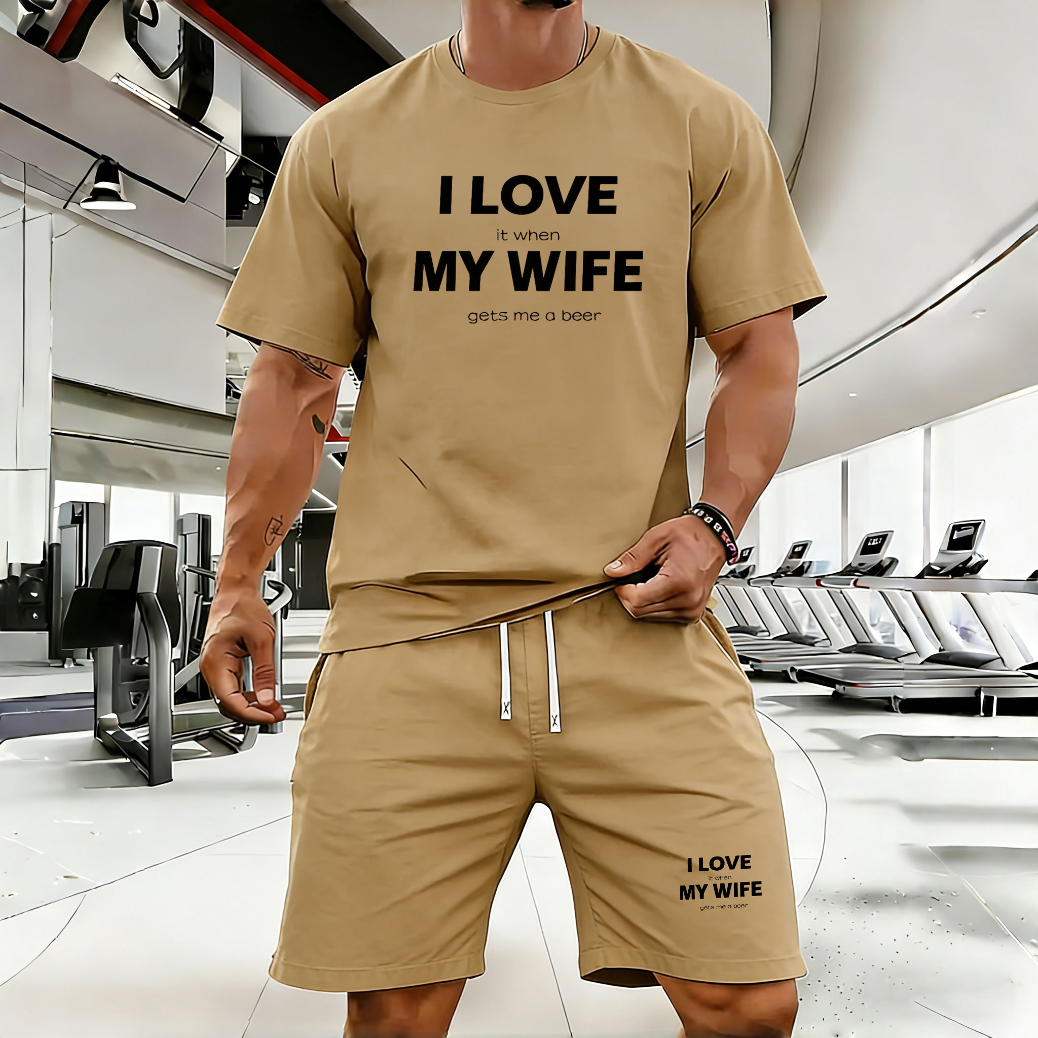 Conjunto de dos piezas casual Brown Letters Crew Neck de manga corta camisa And shorts para hombre