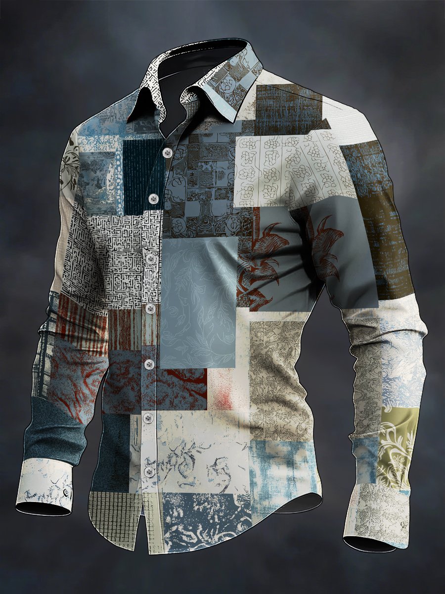 Camisa retro casual geométrico Art de manga larga para hombre