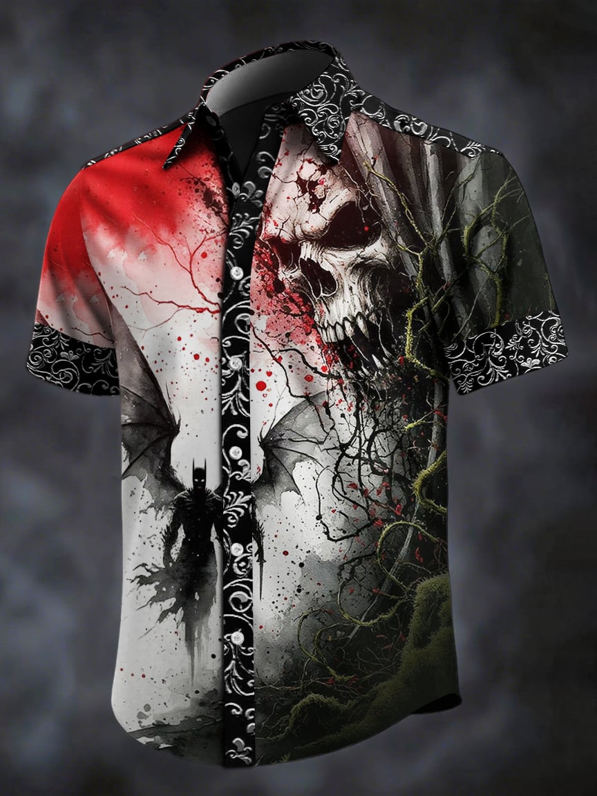 Camisa retro Skull estampado solapa de manga corta para hombre