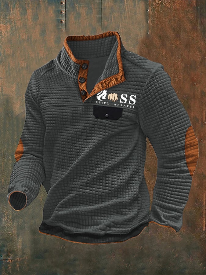 Sudadera vintage Lettering estampado Stand cuello Check Button para hombre