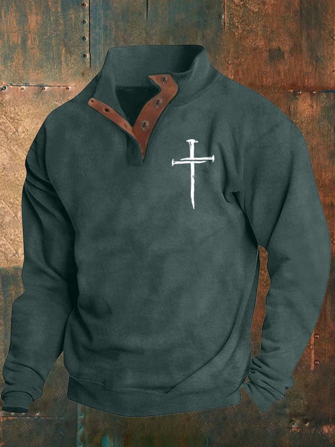 Sudadera Faith Cross estampado Stand cuello Button para hombre