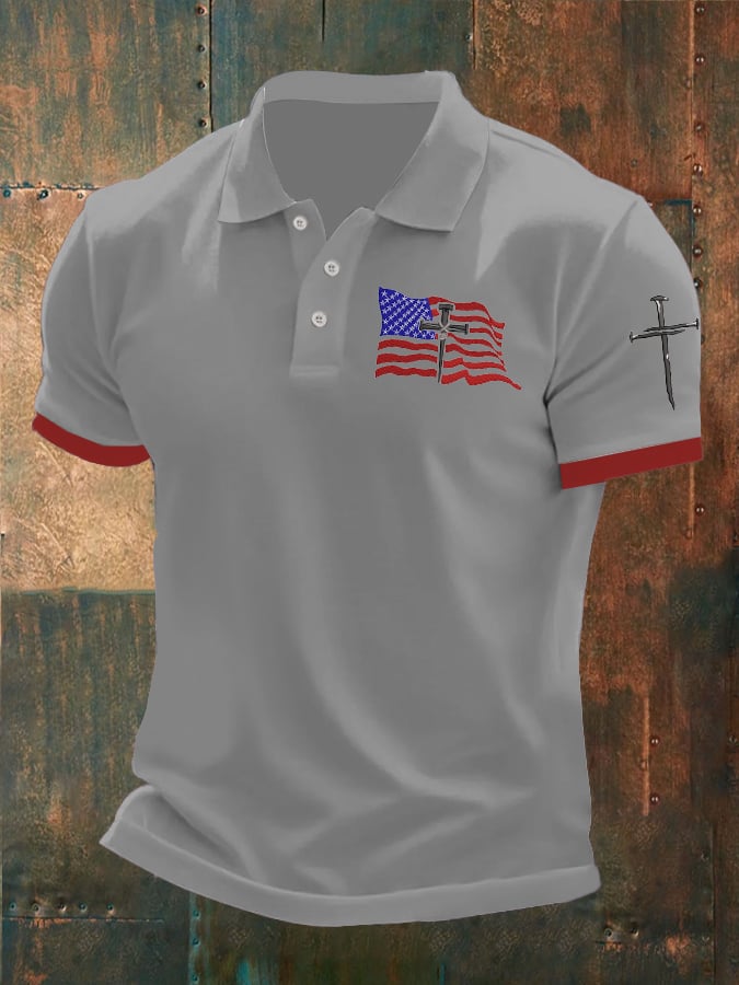 Camisa polo Independence Day Flag estampado casual para hombre