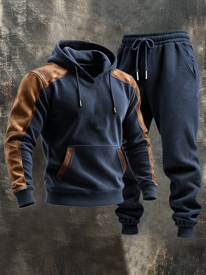 Sudadera retro Stitching Contrast Color Hooded casual Suit para hombre