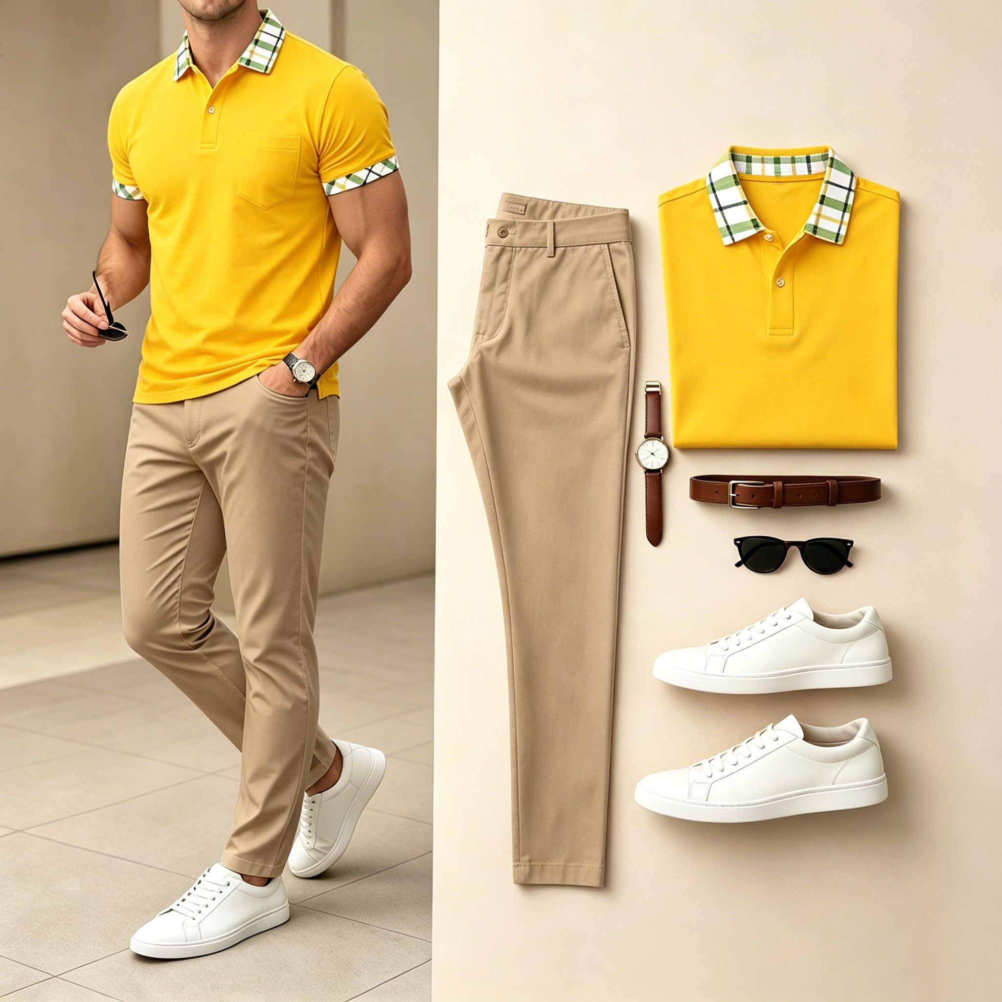 Conjunto de dos piezas Yellow & Khaki Color Matching Geometric estampado de manga cortas camisa polo & pantalón para hombre
