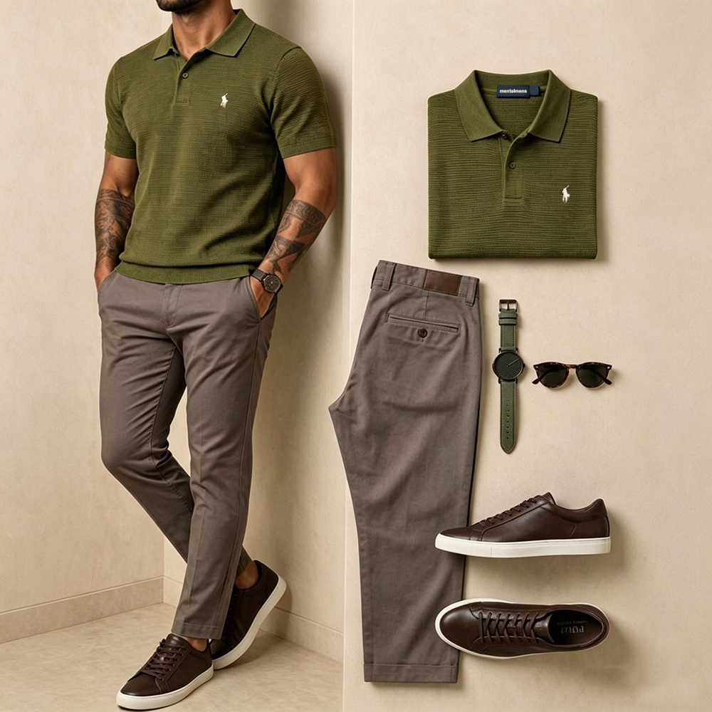 Pantalón Navy Contrast Collar Polo & White Office Suit
